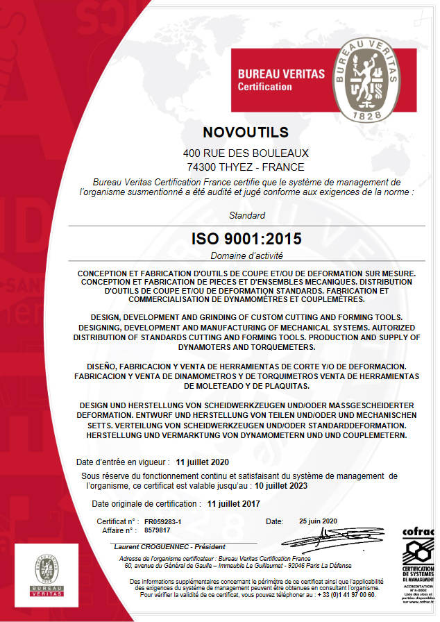 Quality certificate ISO 9001-2015 for custom-made cutting tools, forming tools